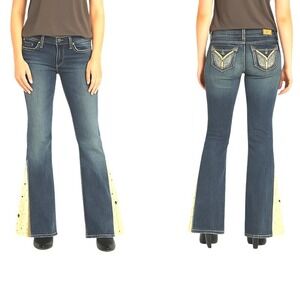 ZCO Jeans Juniors Size 7 Blue Flared Silver Rhinestone Angel Wings Stretch Denim